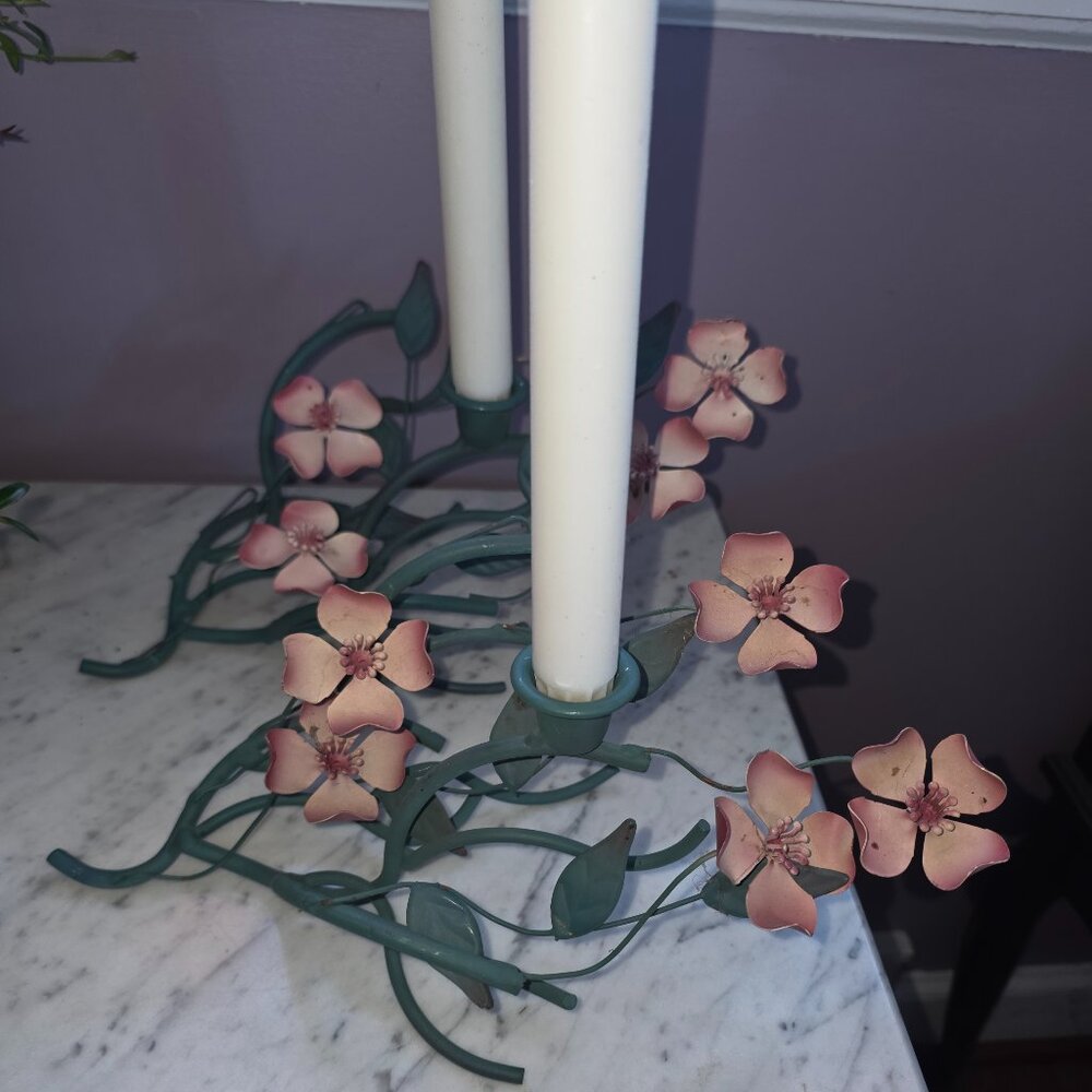 Vintage Pink Dogwood Metal Tole Candle Holders Pair Floral Shabby Cottage Decor